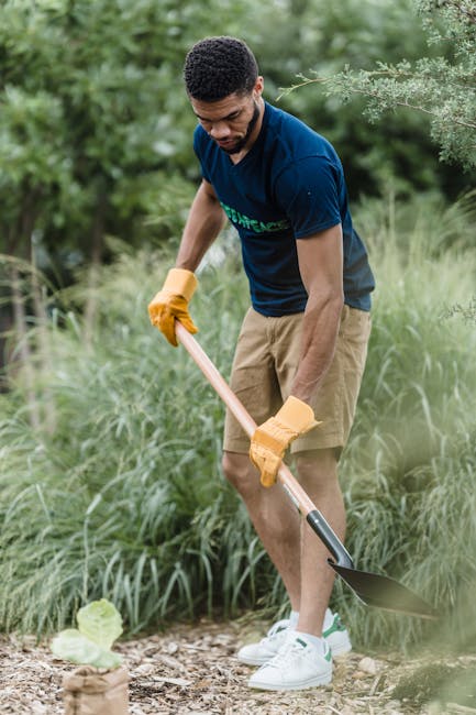 A young man with dark curly hair, wearing a navy blue t-shirt, beige shorts, white sneakers, and orange work gloves, is engaging in garden maintenance outdoors. He is using a long-handled shovel to di